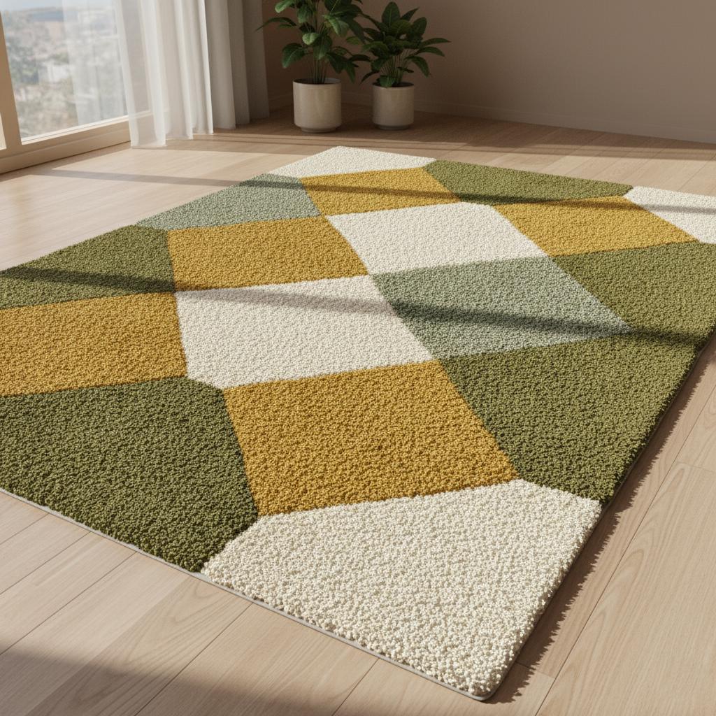Handcrafted Wool Tufted Rug | Modern Olive Green Checkered Carpet