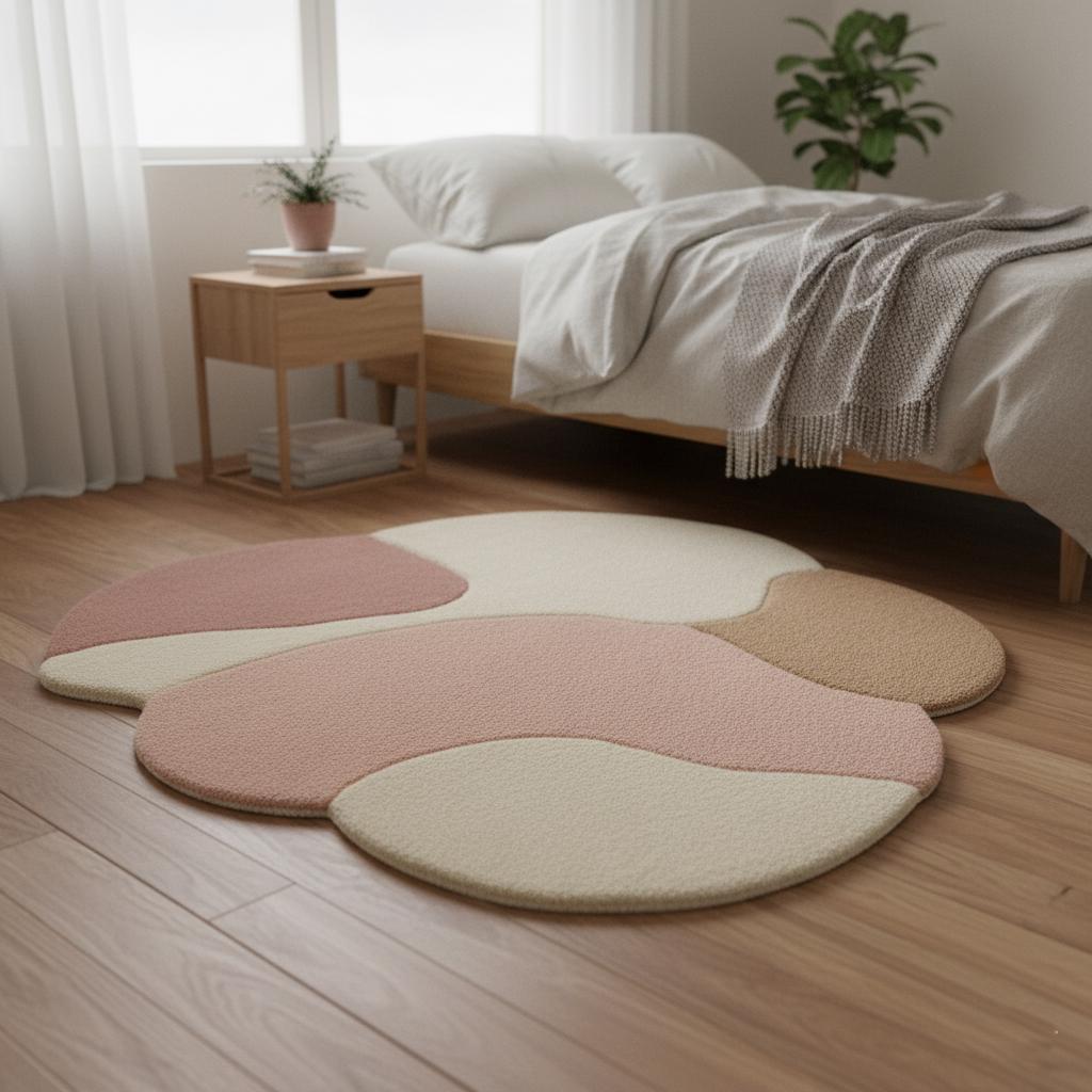 Handmade Abstract Tufted Rug, Pink Boho Pastel Living Room Decor Size-5x5 Feet