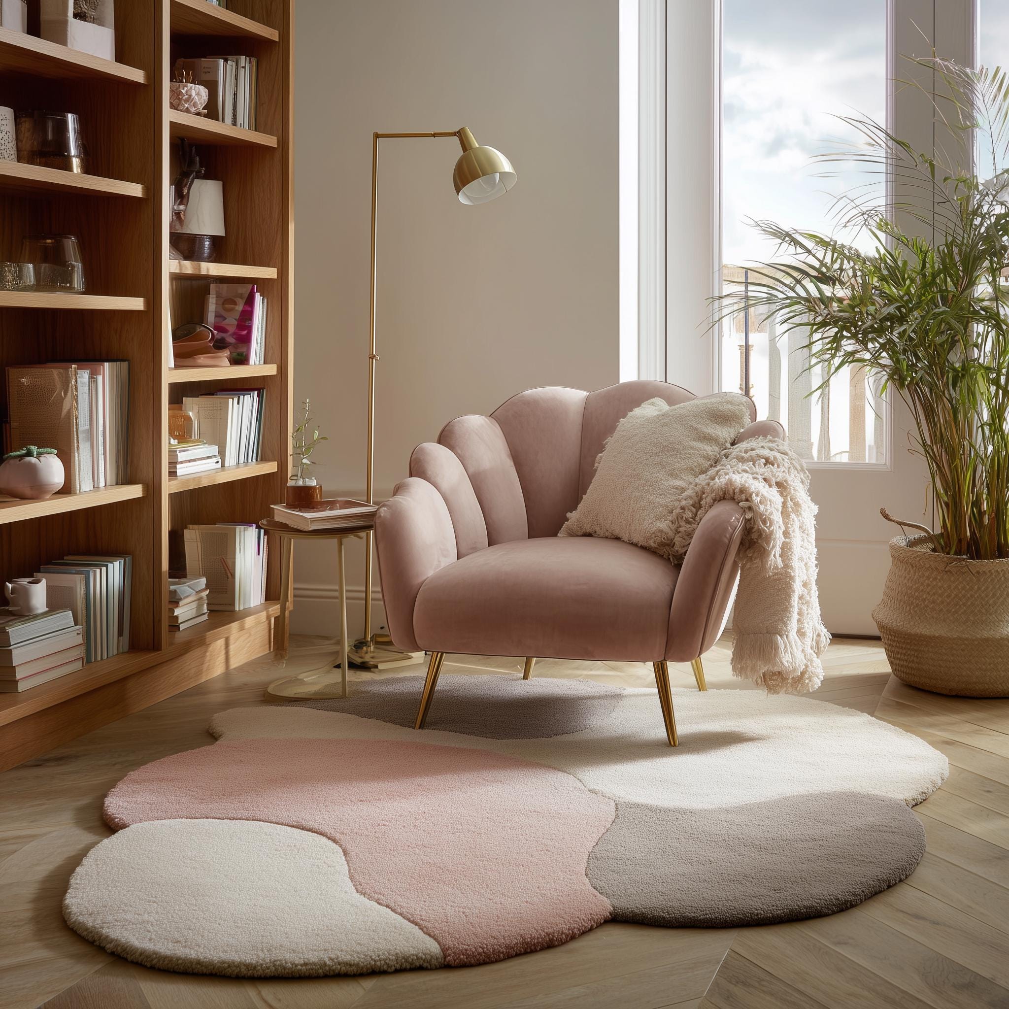 Handmade Abstract Tufted Rug, Pink Boho Pastel Living Room Decor Size-5x5 Feet