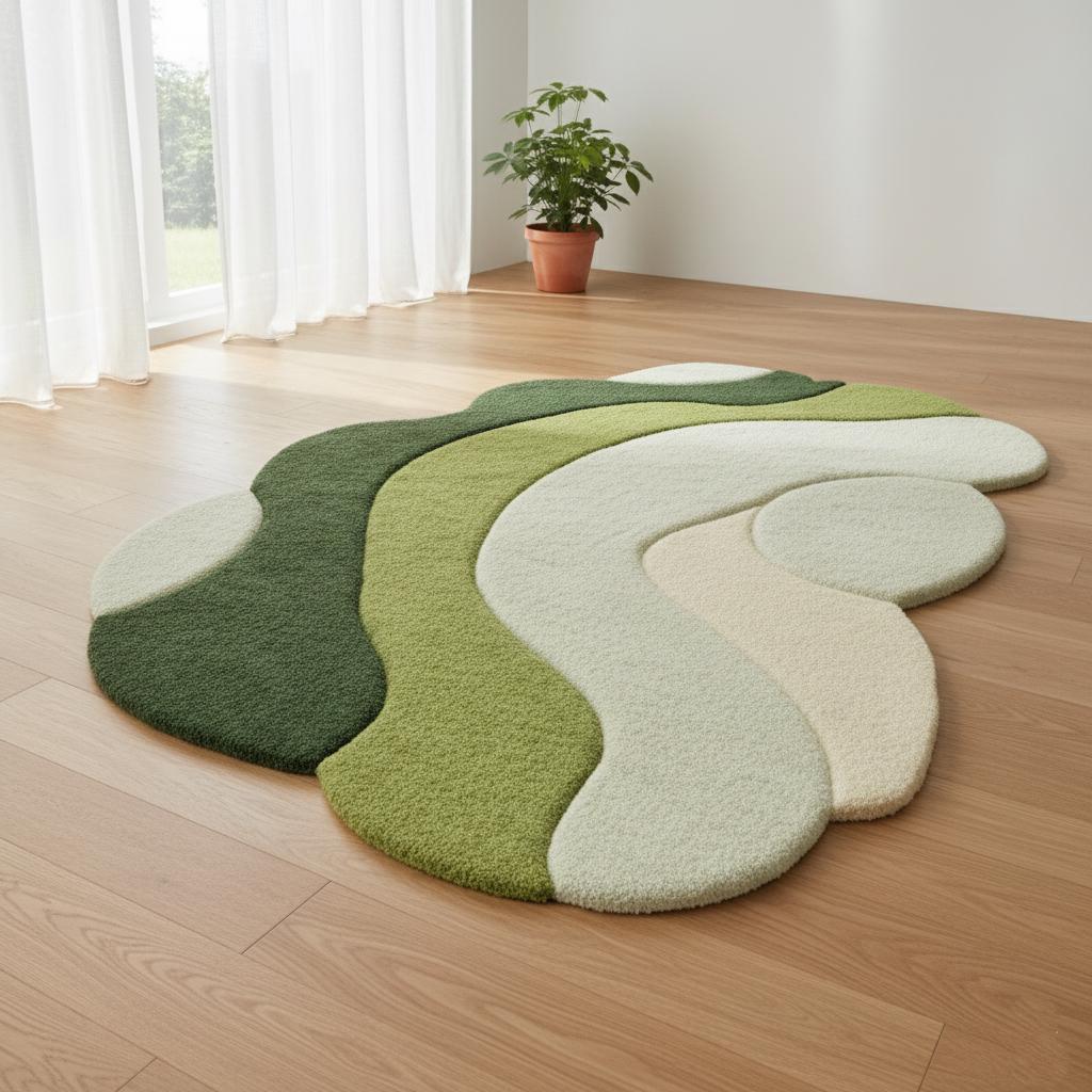 Modern Green Wave Wool Rug | 3D Tufted Abstract Area Rug
