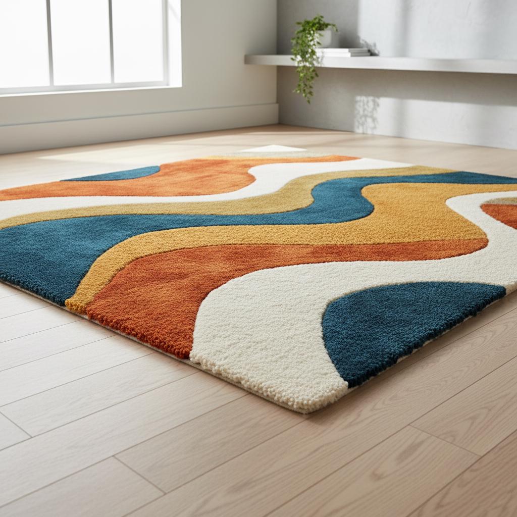 Handmade Wavy Area Rug: Mid-Century Modern Colorful Carpet
