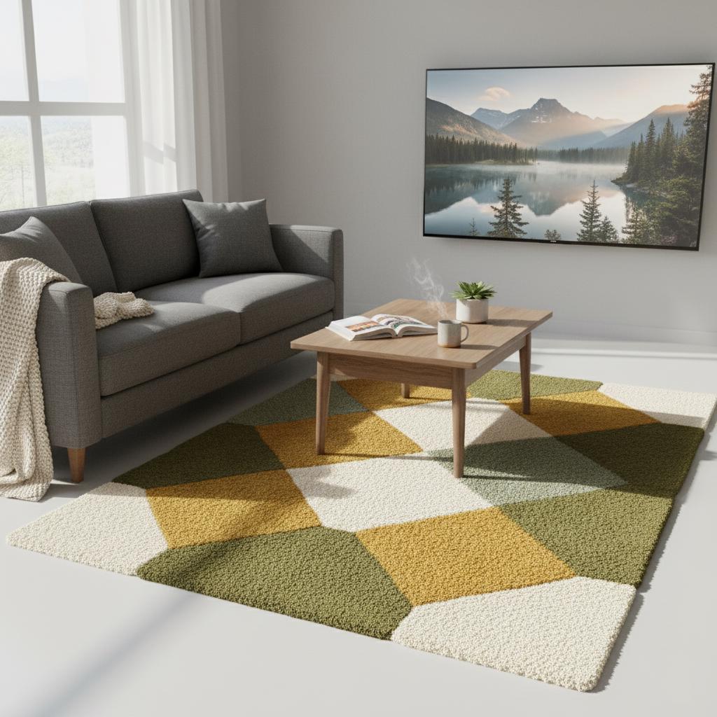 Handcrafted Wool Tufted Rug | Modern Olive Green Checkered Carpet