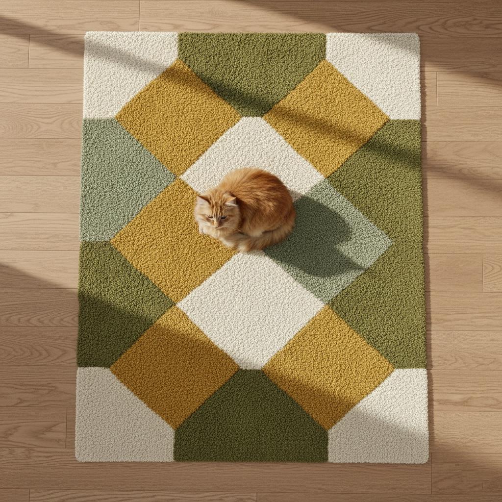 Handcrafted Wool Tufted Rug | Modern Olive Green Checkered Carpet