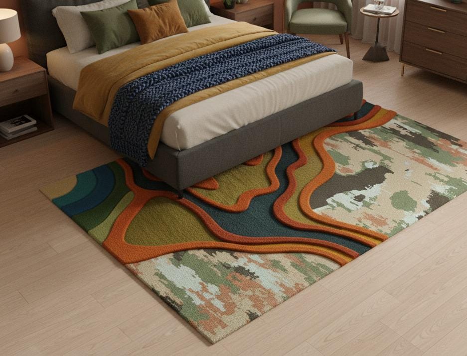 Abstract Topographic Area Rug – Modern 3D Effect, Earthy Tones