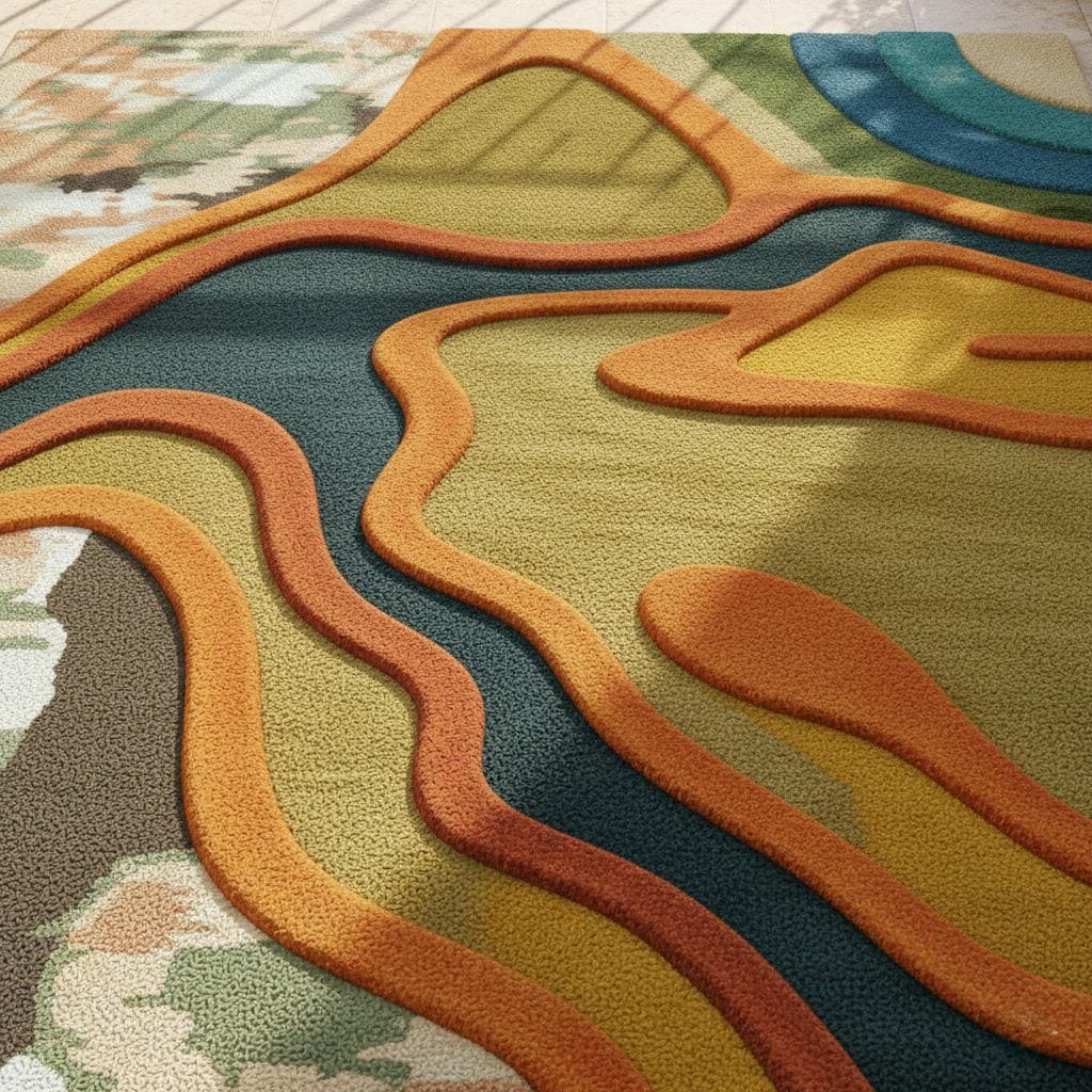 Abstract Topographic Area Rug – Modern 3D Effect, Earthy Tones