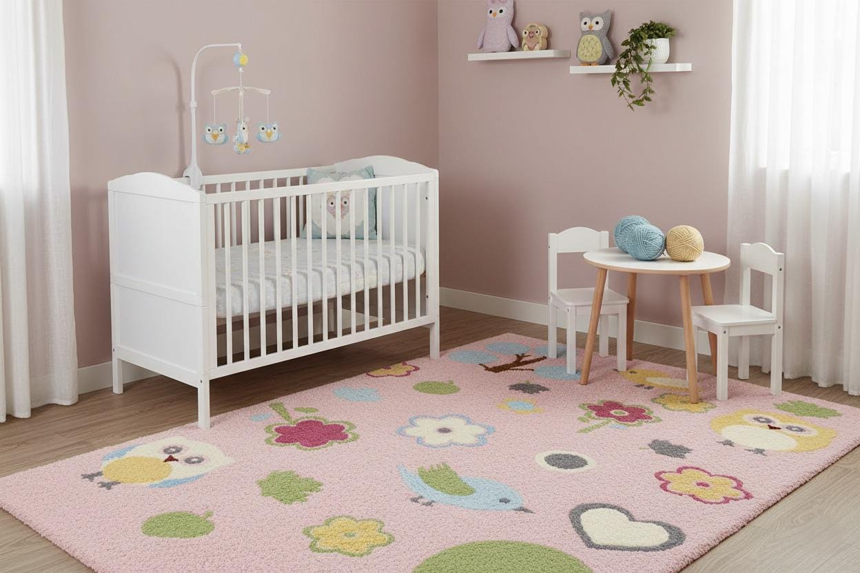 Pink Kids Rug – Owls, Birds & Floral Nursery Carpet
