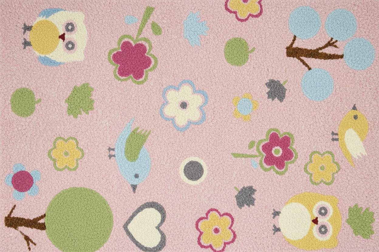 Pink Kids Rug – Owls, Birds & Floral Nursery Carpet
