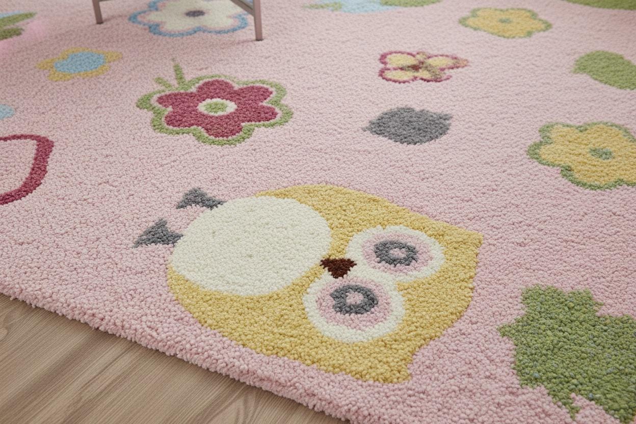 Pink Kids Rug – Owls, Birds & Floral Nursery Carpet