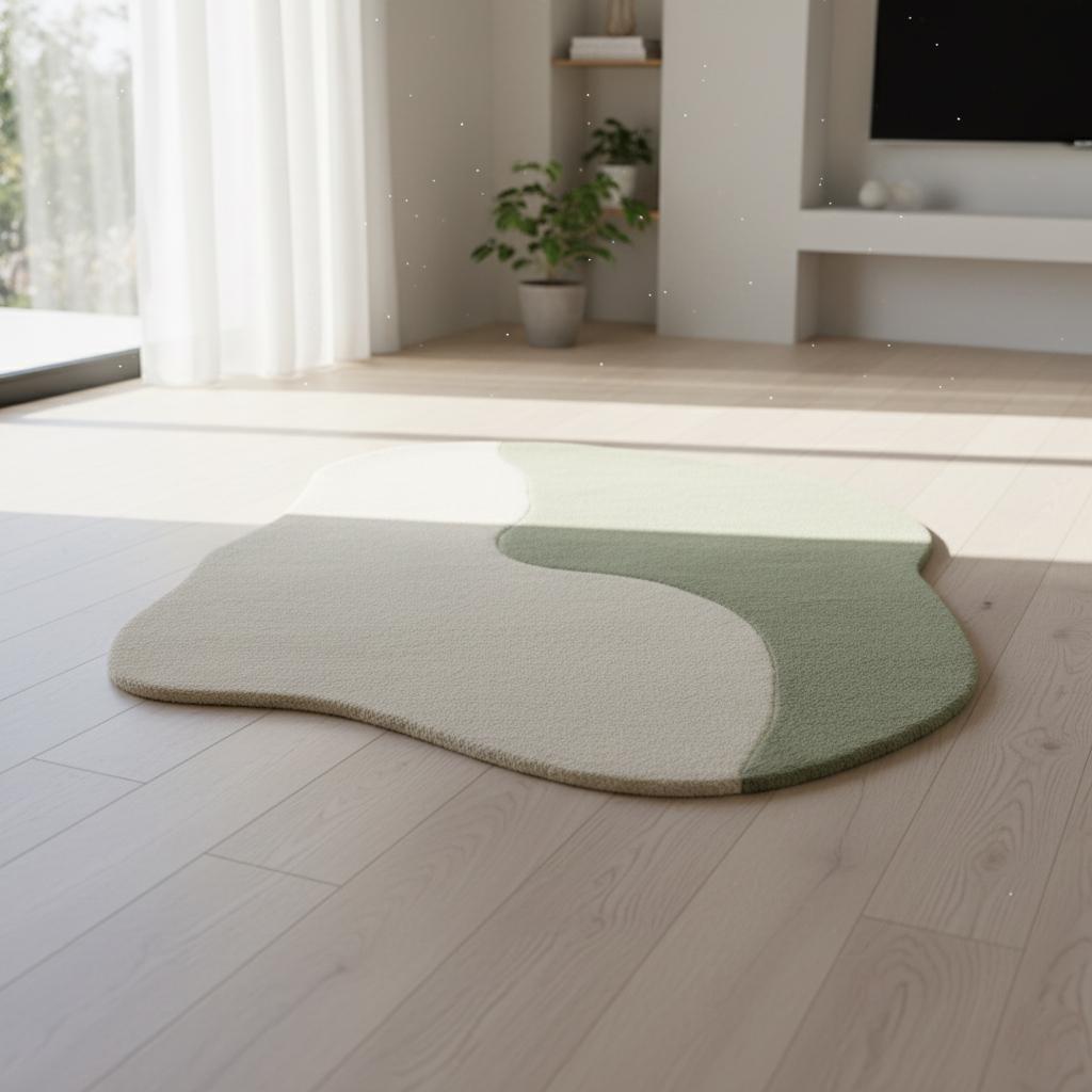 Modern Abstract Rug | Green & Beige Wavy Carpet