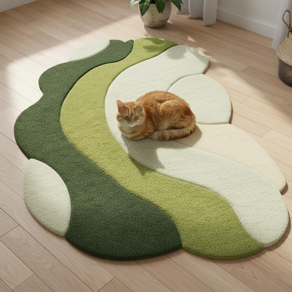 Modern Green Wave Wool Rug | 3D Tufted Abstract Area Rug