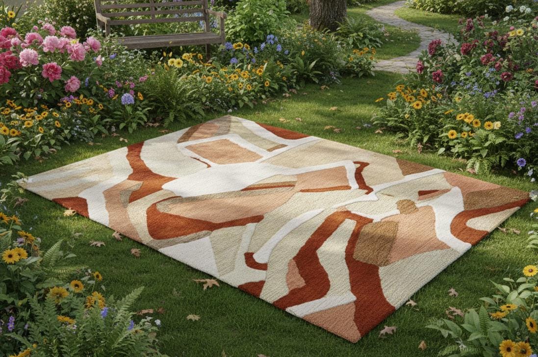 Modern Abstract Rug: Beige & Rust Organic, Custom Size