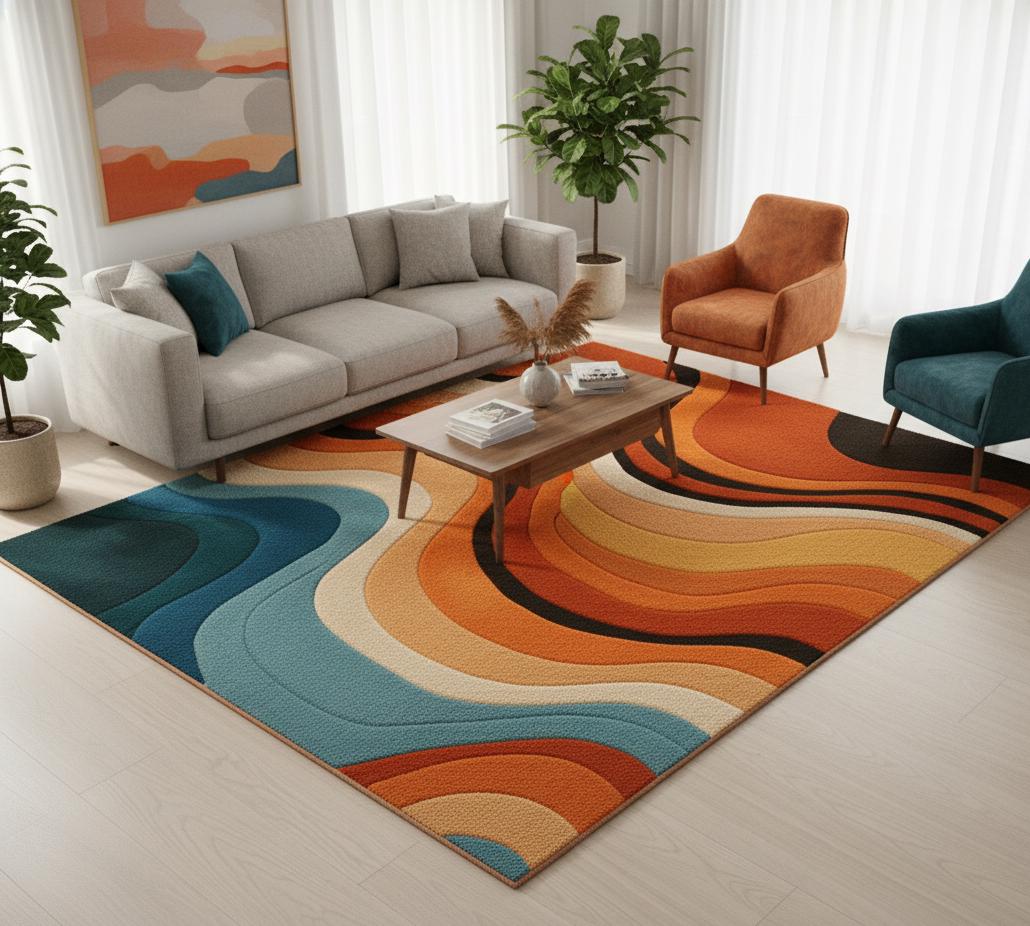 Retro 70s Wave Rug | Abstract Orange Teal Area Carpet