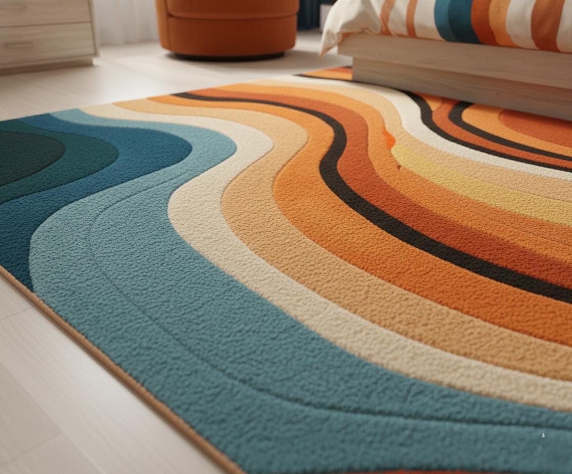 Retro 70s Wave Rug | Abstract Orange Teal Area Carpet