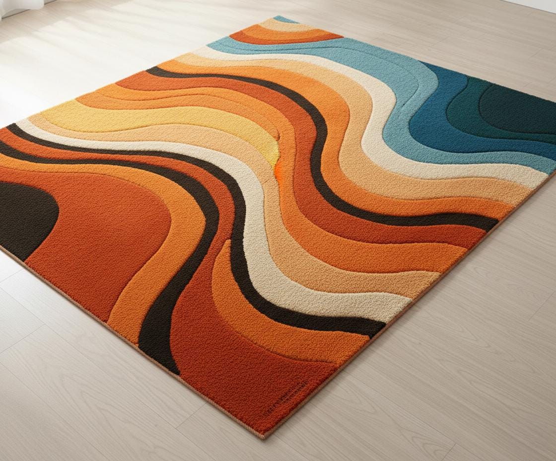 Retro 70s Wave Rug | Abstract Orange Teal Area Carpet