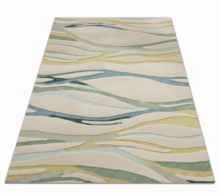 Modern Abstract Area Rug, Green Blue Wave Design, 3D Carved