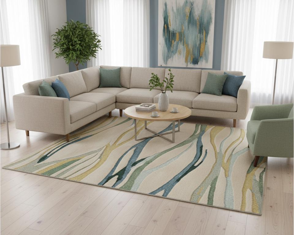 Modern Abstract Area Rug, Green Blue Wave Design, 3D Carved