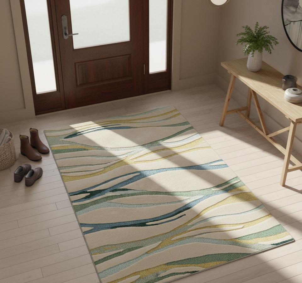 Modern Abstract Area Rug, Green Blue Wave Design, 3D Carved