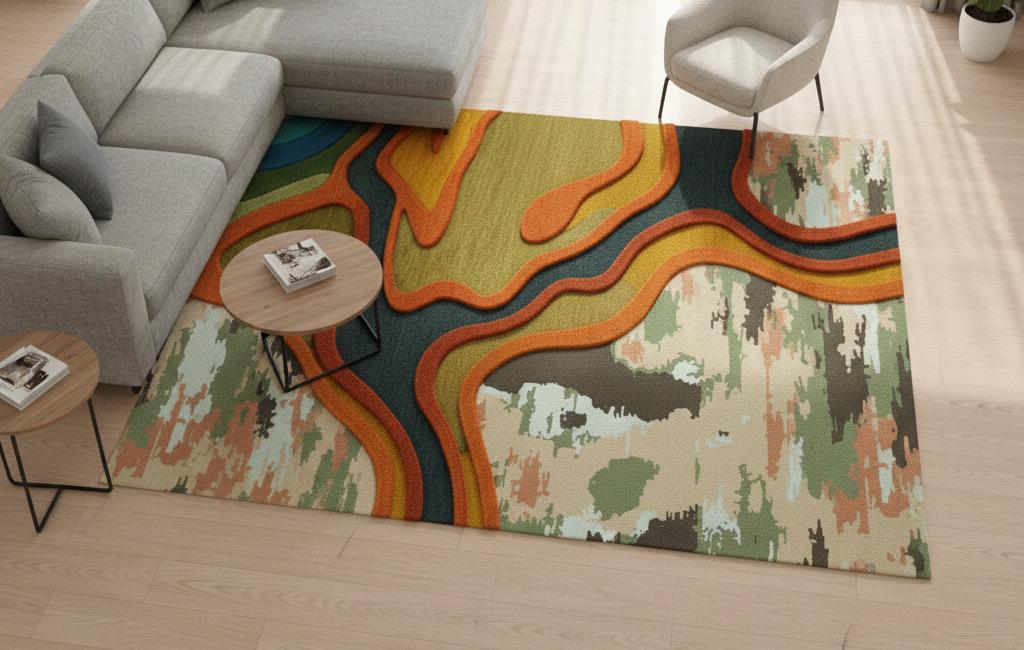 Abstract Topographic Area Rug – Modern 3D Effect, Earthy Tones