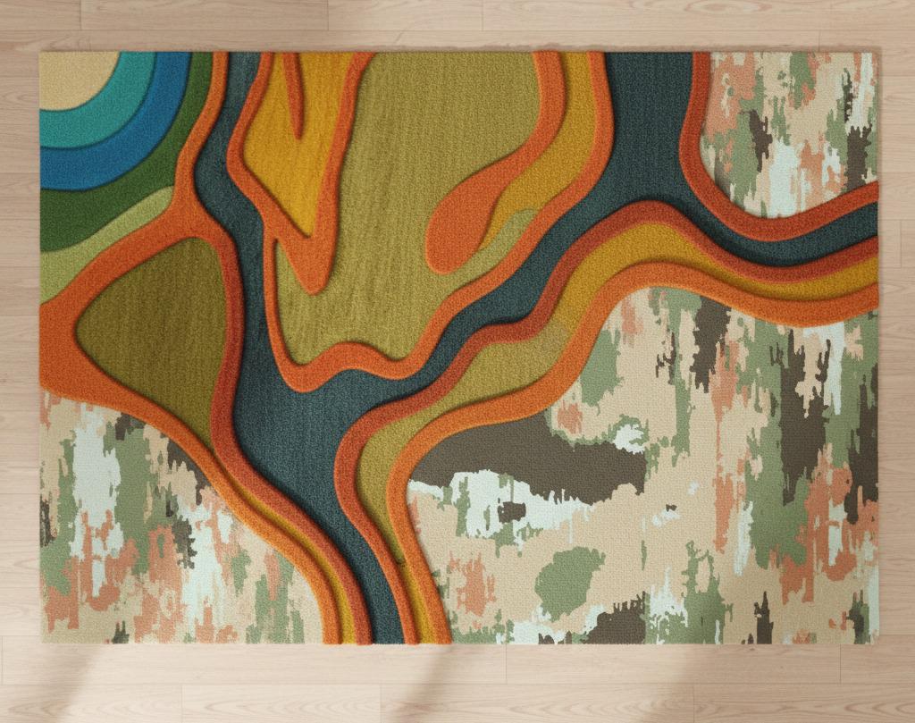 Abstract Topographic Area Rug – Modern 3D Effect, Earthy Tones