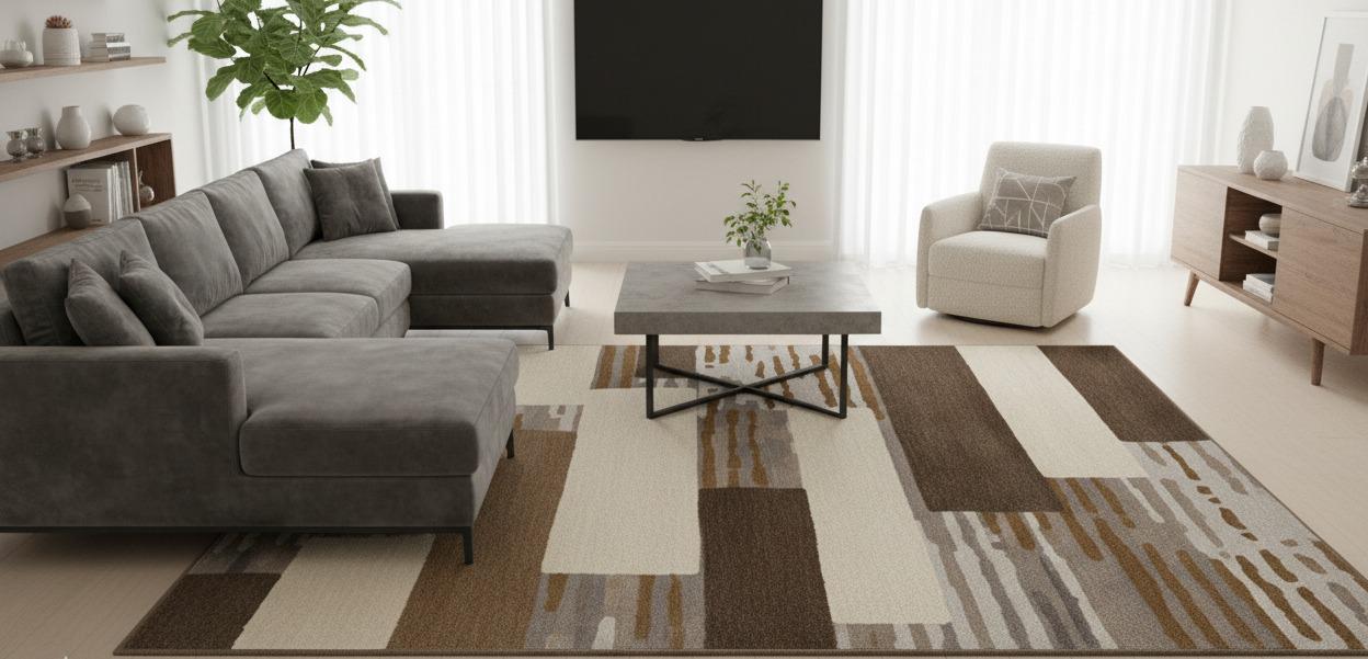 Modern Geometric Brown Beige Area Rug, Contemporary Home Decor