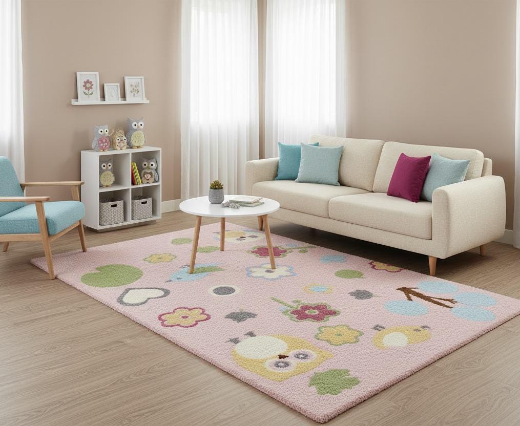 Pink Kids Rug – Owls, Birds & Floral Nursery Carpet