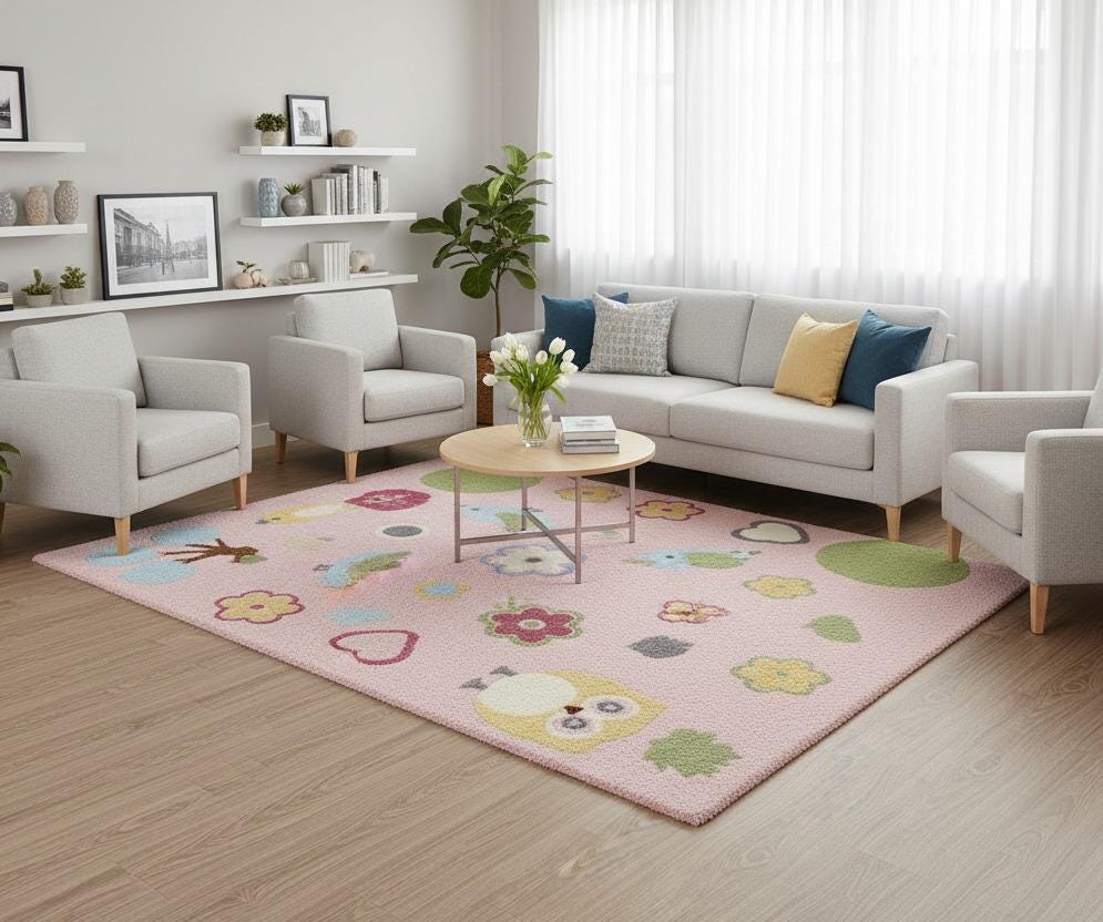 Pink Kids Rug – Owls, Birds & Floral Nursery Carpet