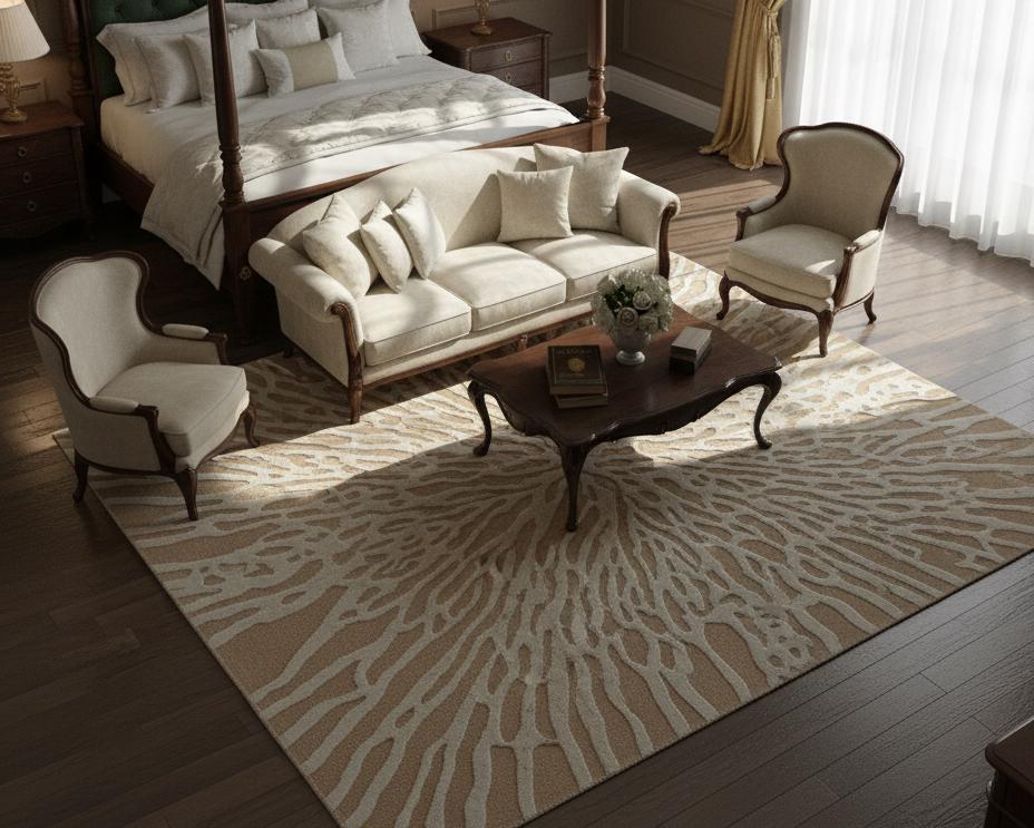 Beige 3D Area Rug | Textured Abstract Coral Design