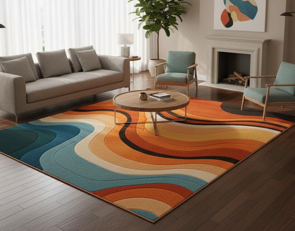 Retro 70s Wave Rug | Abstract Orange Teal Area Carpet