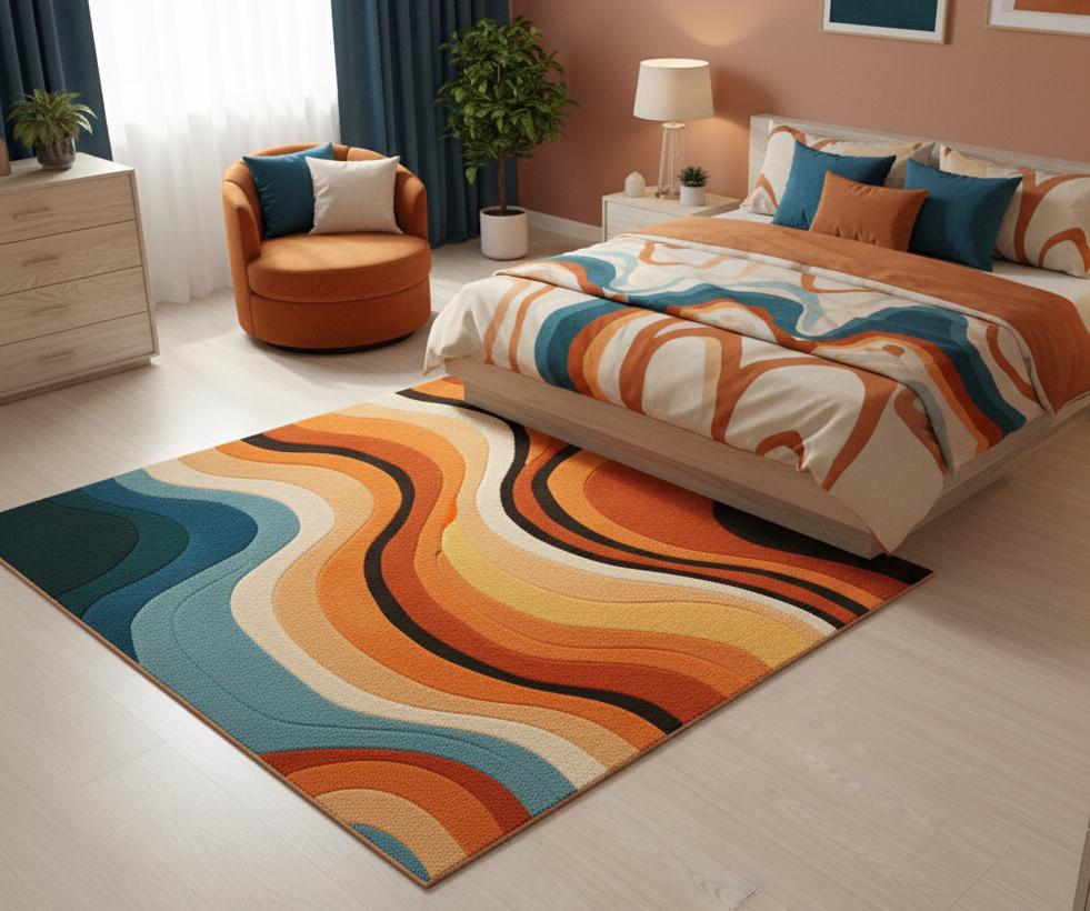 Retro 70s Wave Rug | Abstract Orange Teal Area Carpet