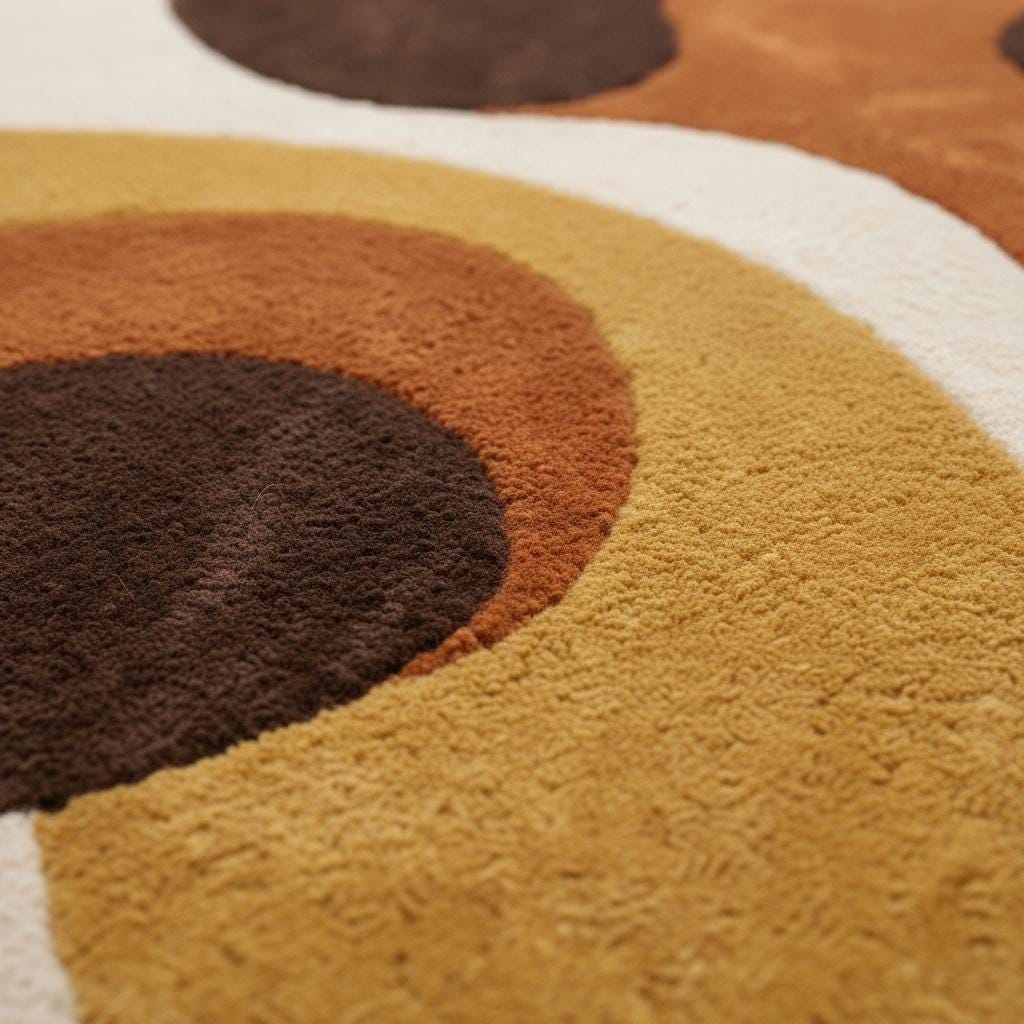 Retro 70s Round Shag Rug, Groovy Swirl, Orange Brown, Handmade