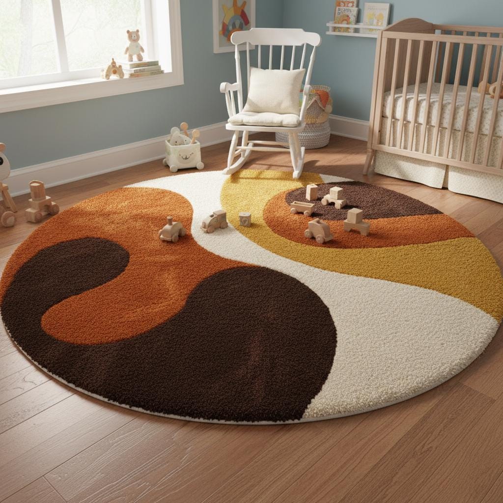 Retro 70s Round Shag Rug, Groovy Swirl, Orange Brown, Handmade