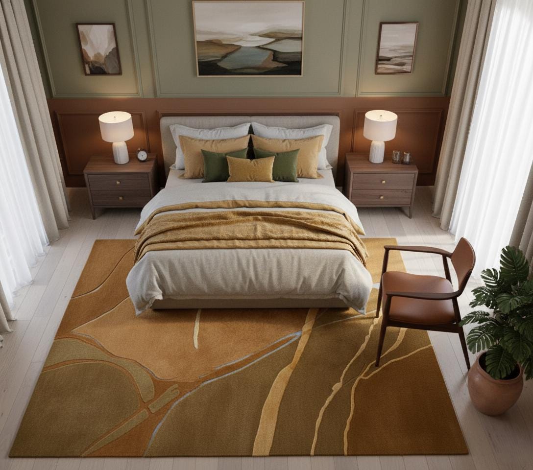 Abstract Beige Gold Area Rug, 3D Carved Luxury Carpet, Custom Size