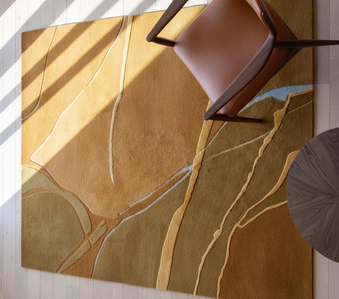 Abstract Beige Gold Area Rug, 3D Carved Luxury Carpet, Custom Size