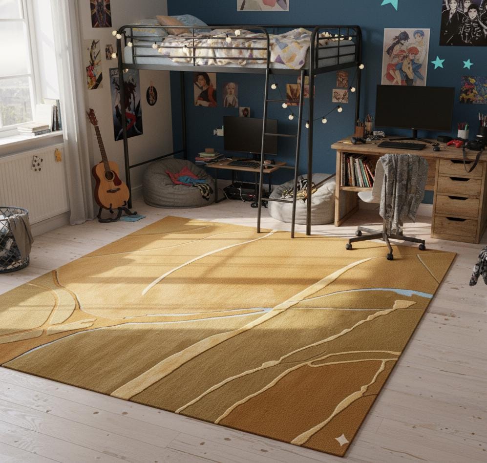 Abstract Beige Gold Area Rug, 3D Carved Luxury Carpet, Custom Size
