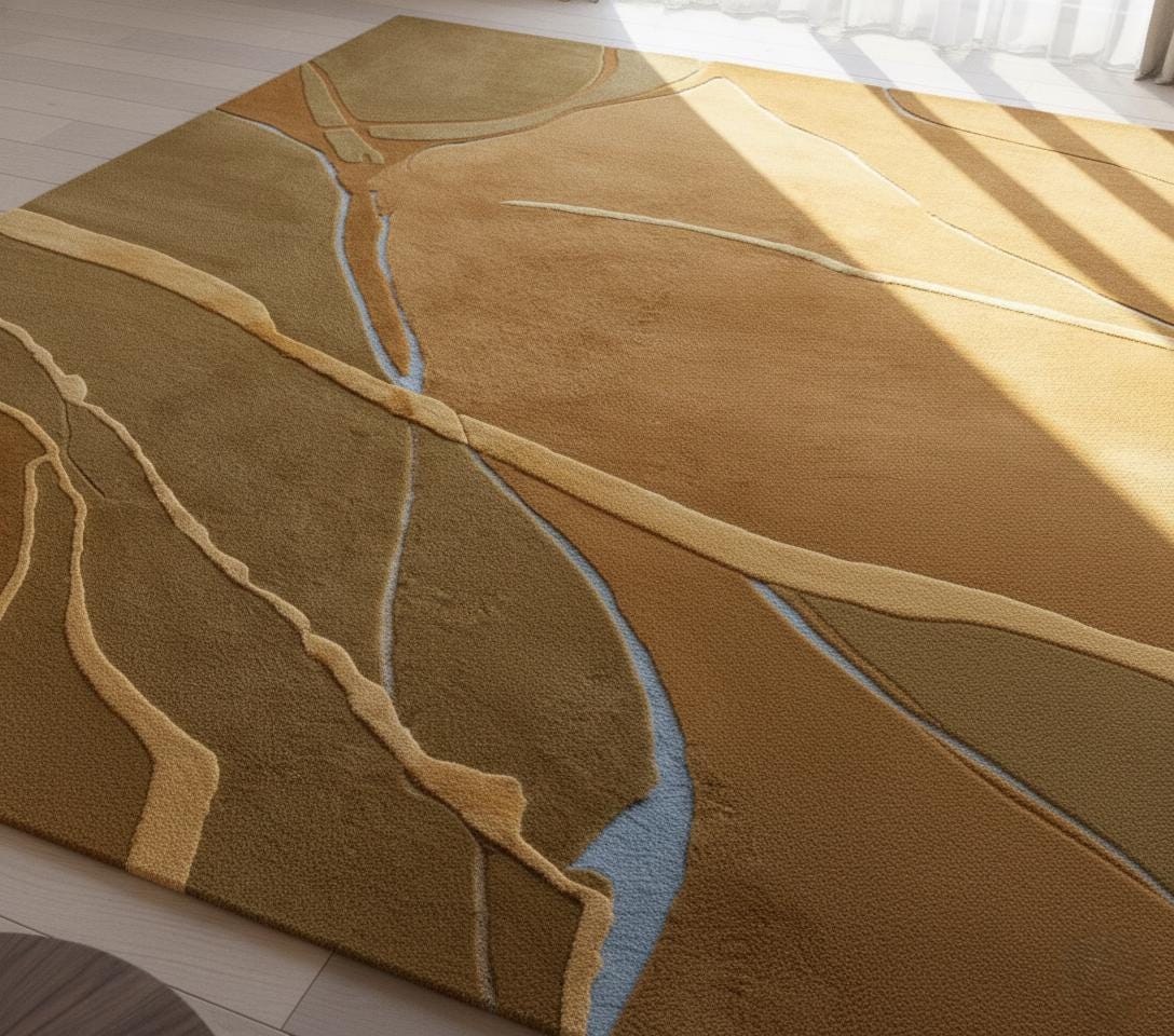 Abstract Beige Gold Area Rug, 3D Carved Luxury Carpet, Custom Size
