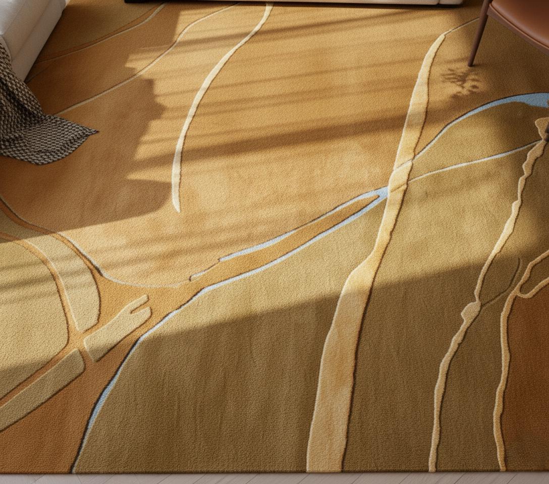 Abstract Beige Gold Area Rug, 3D Carved Luxury Carpet, Custom Size