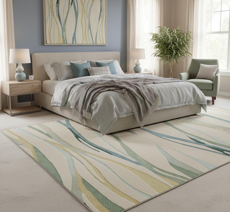 Modern Abstract Area Rug, Green Blue Wave Design, 3D Carved
