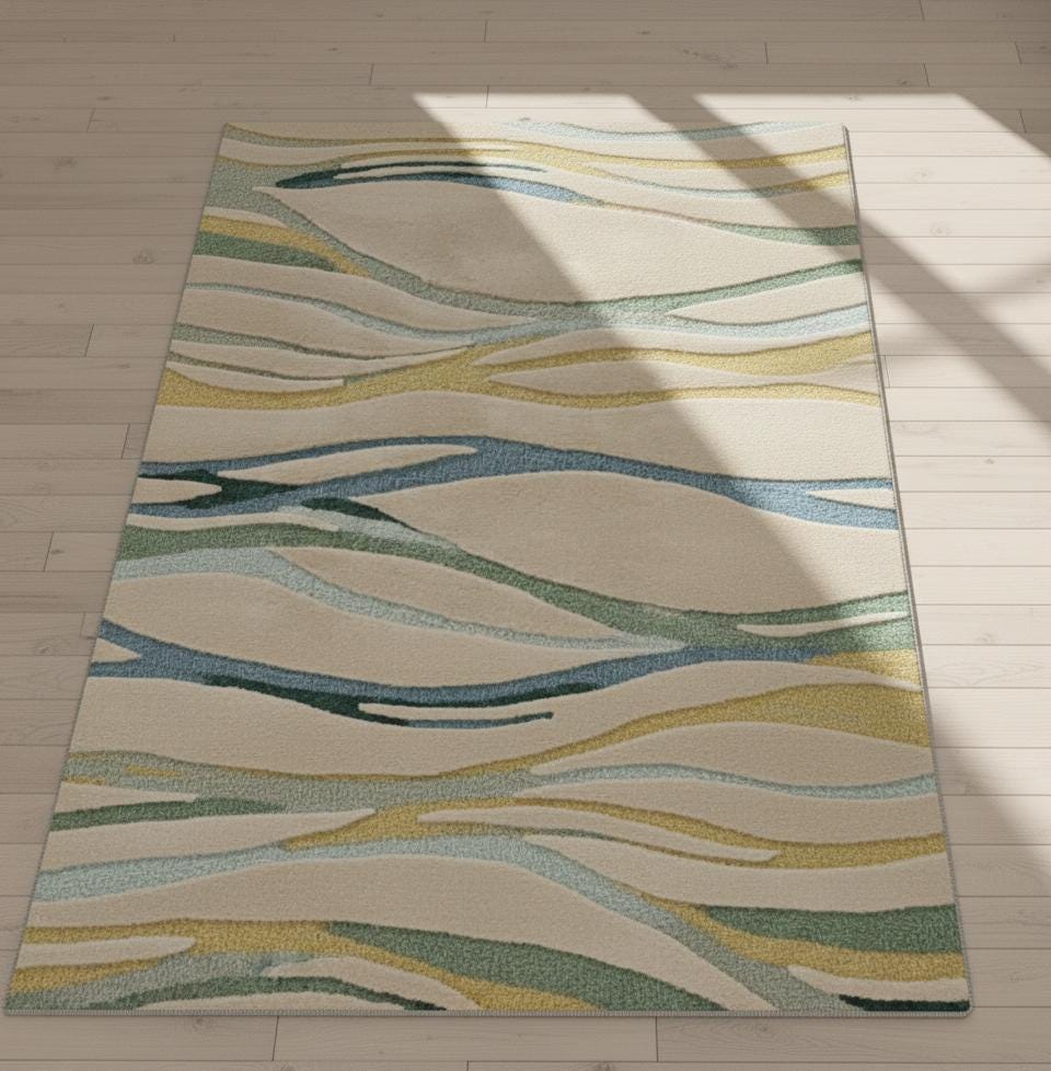 Modern Abstract Area Rug, Green Blue Wave Design, 3D Carved