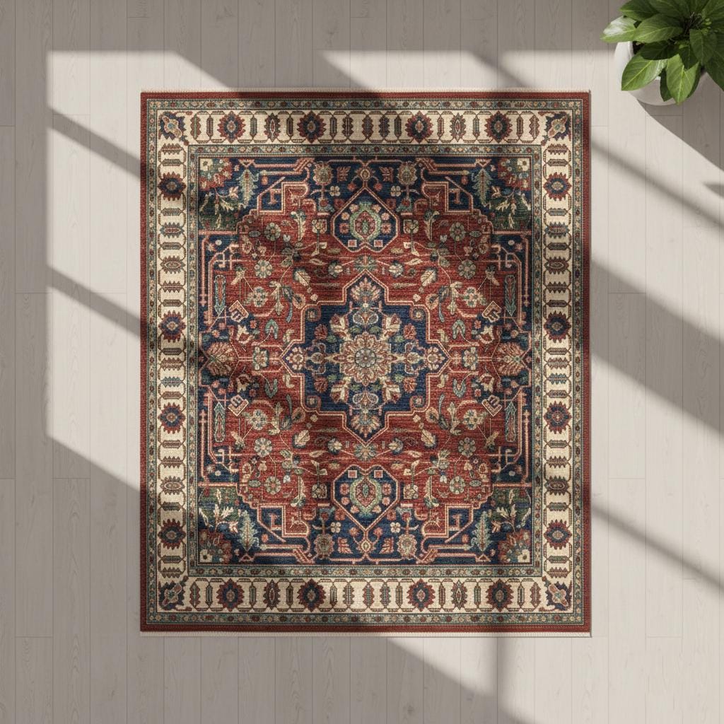 Vintage Style Red and Blue Persian Area Rug: Boho Bedroom Decor