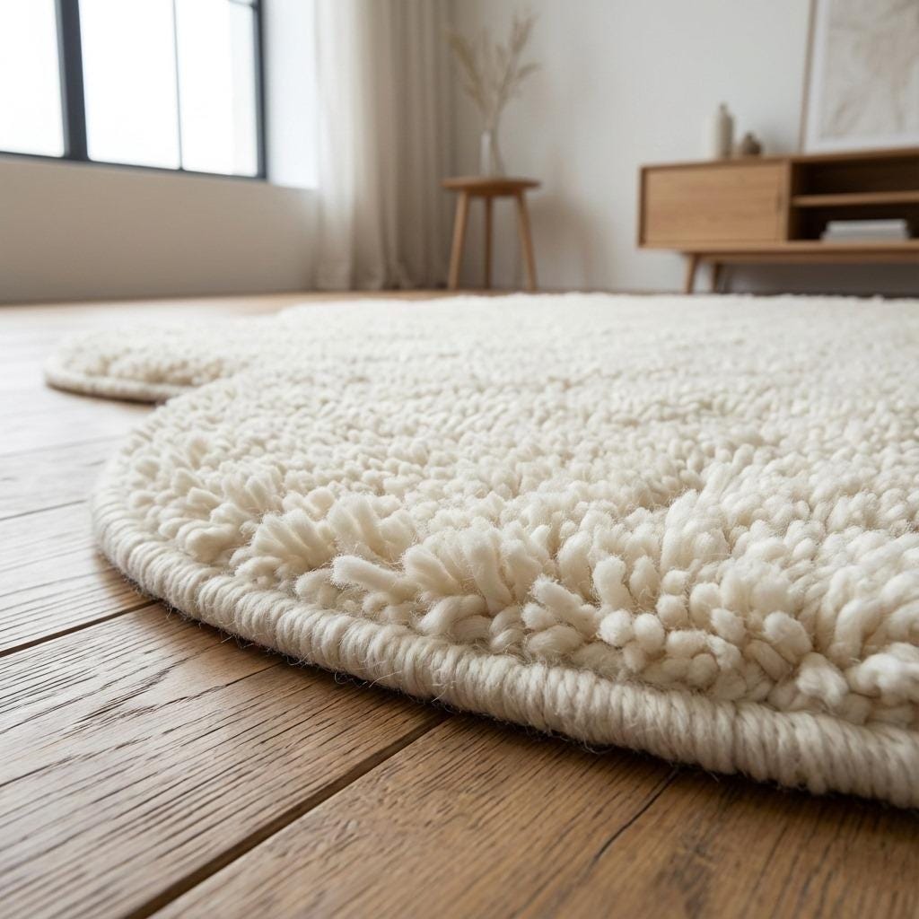 Handmade Ivory Wool Shag Rug, Abstract Organic Shape, Plush Carpet