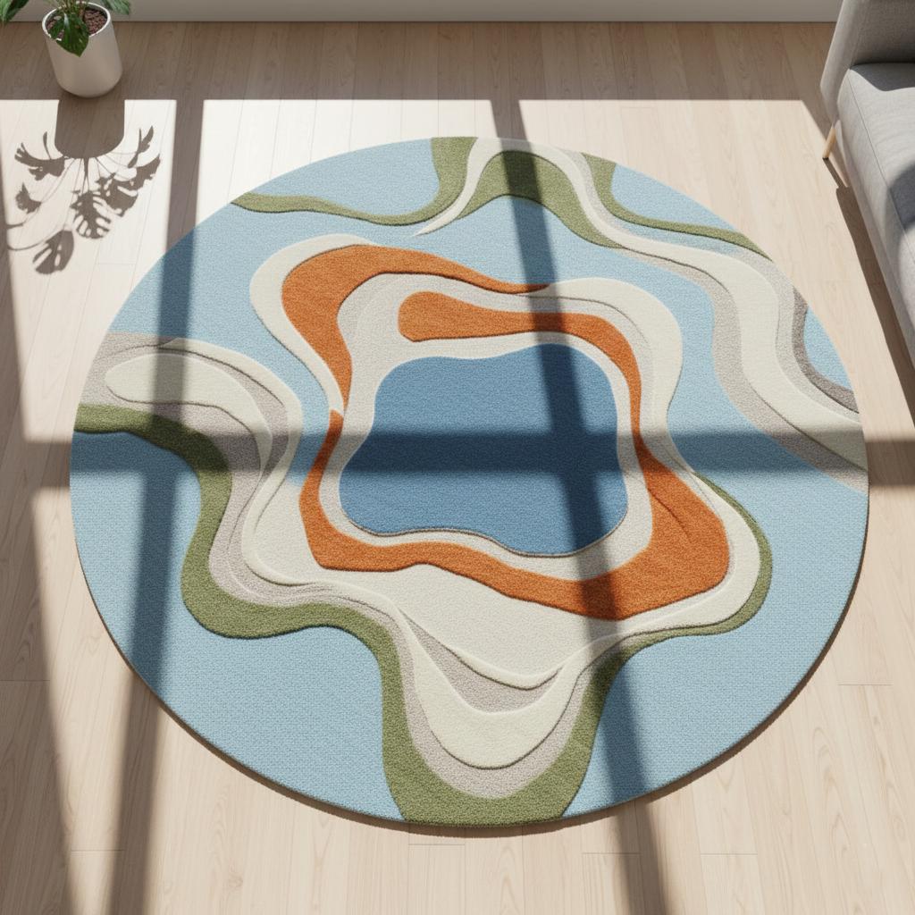 Handmade Round Tufted Rug, Modern Abstract Texture, Blue Neutral