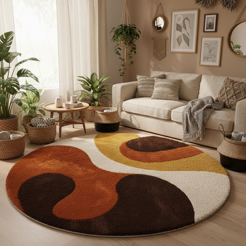 Retro 70s Round Shag Rug, Groovy Swirl, Orange Brown, Handmade