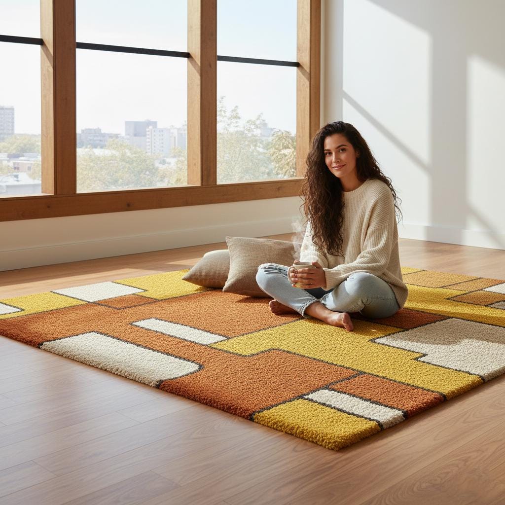 Handmade Tufted Area Rug, Mid Century Modern Geometric, Mustard Yellow Rust