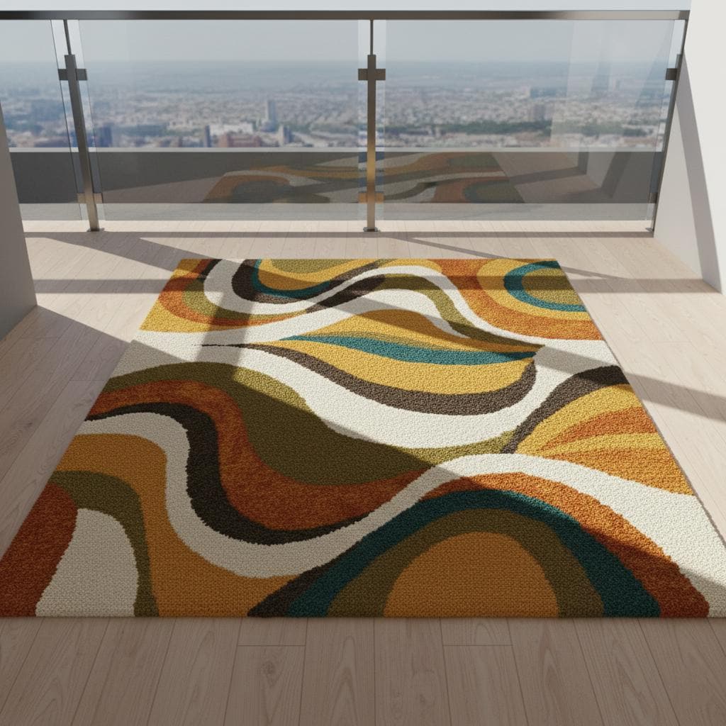Handmade Abstract Wave Rug, Mid Century Modern Tufted Carpet