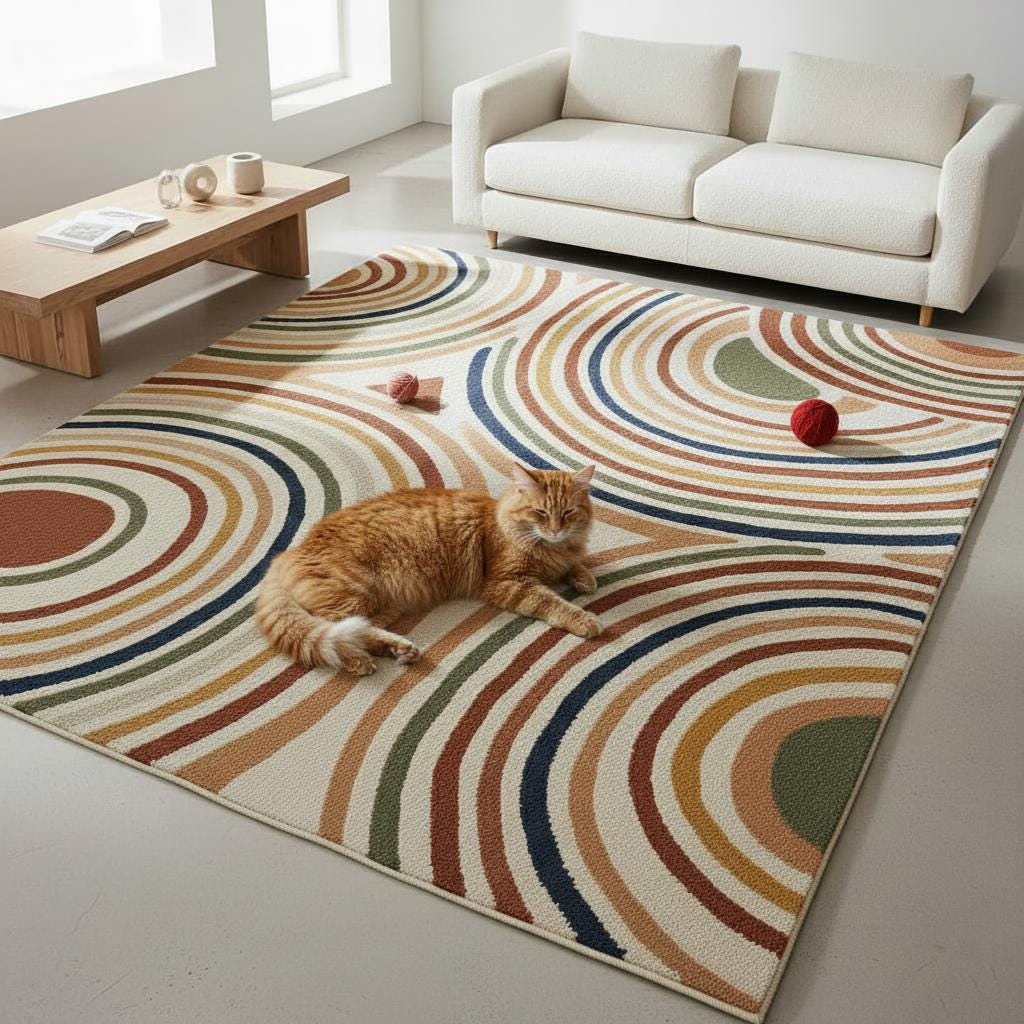 Handmade Wool Area Rug, Geometric Arc, Mid-Century Modern, 9x12