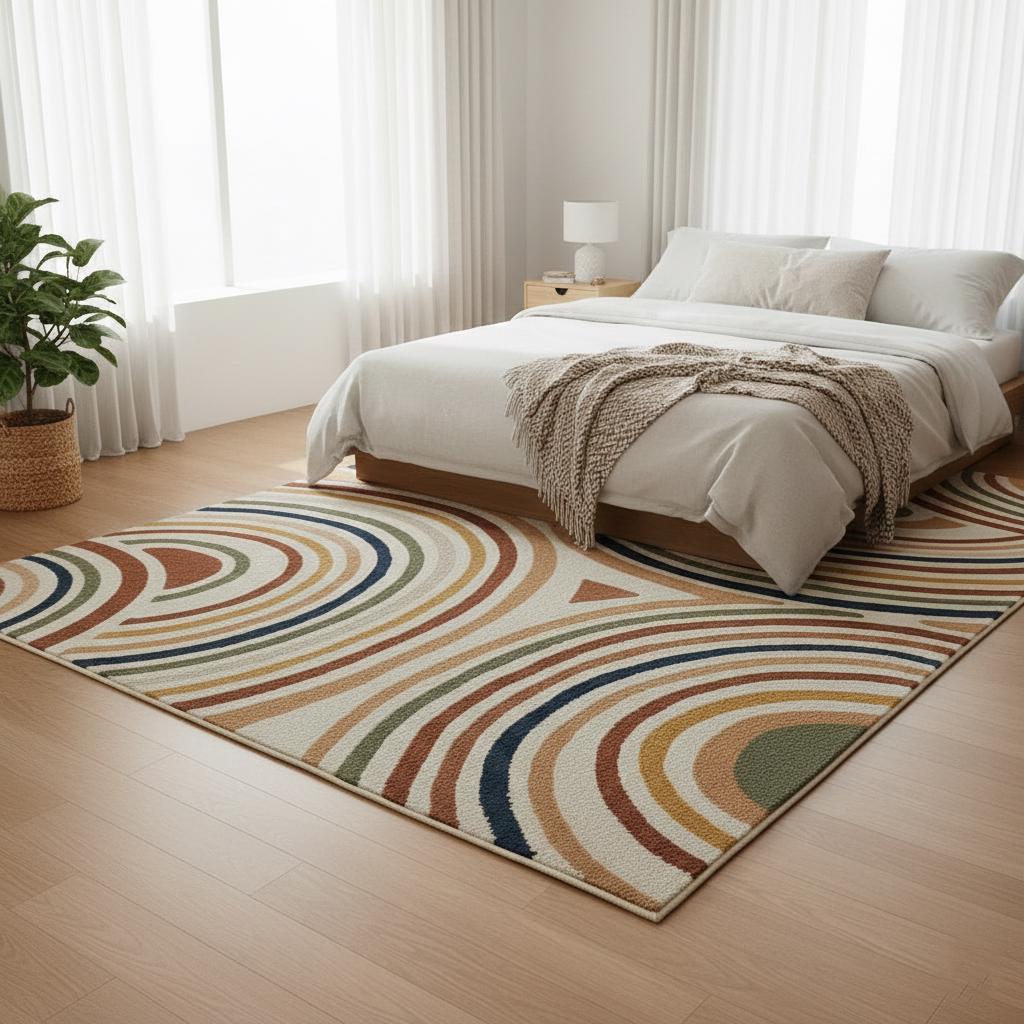 Handmade Wool Area Rug, Geometric Arc, Mid-Century Modern, 9x12