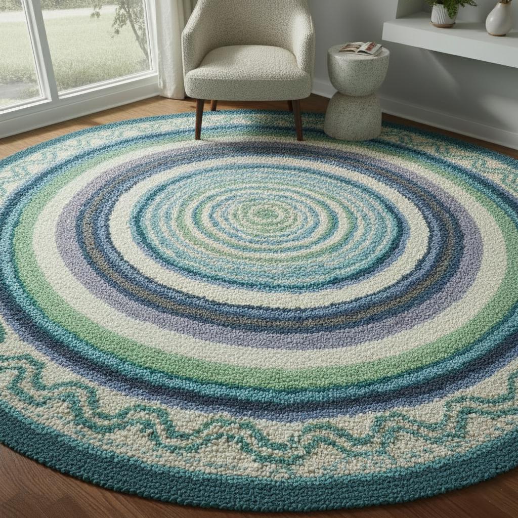 Handmade Coastal Outdoor Rug, Blue Green Patio Carpet, Round Terrace Decor