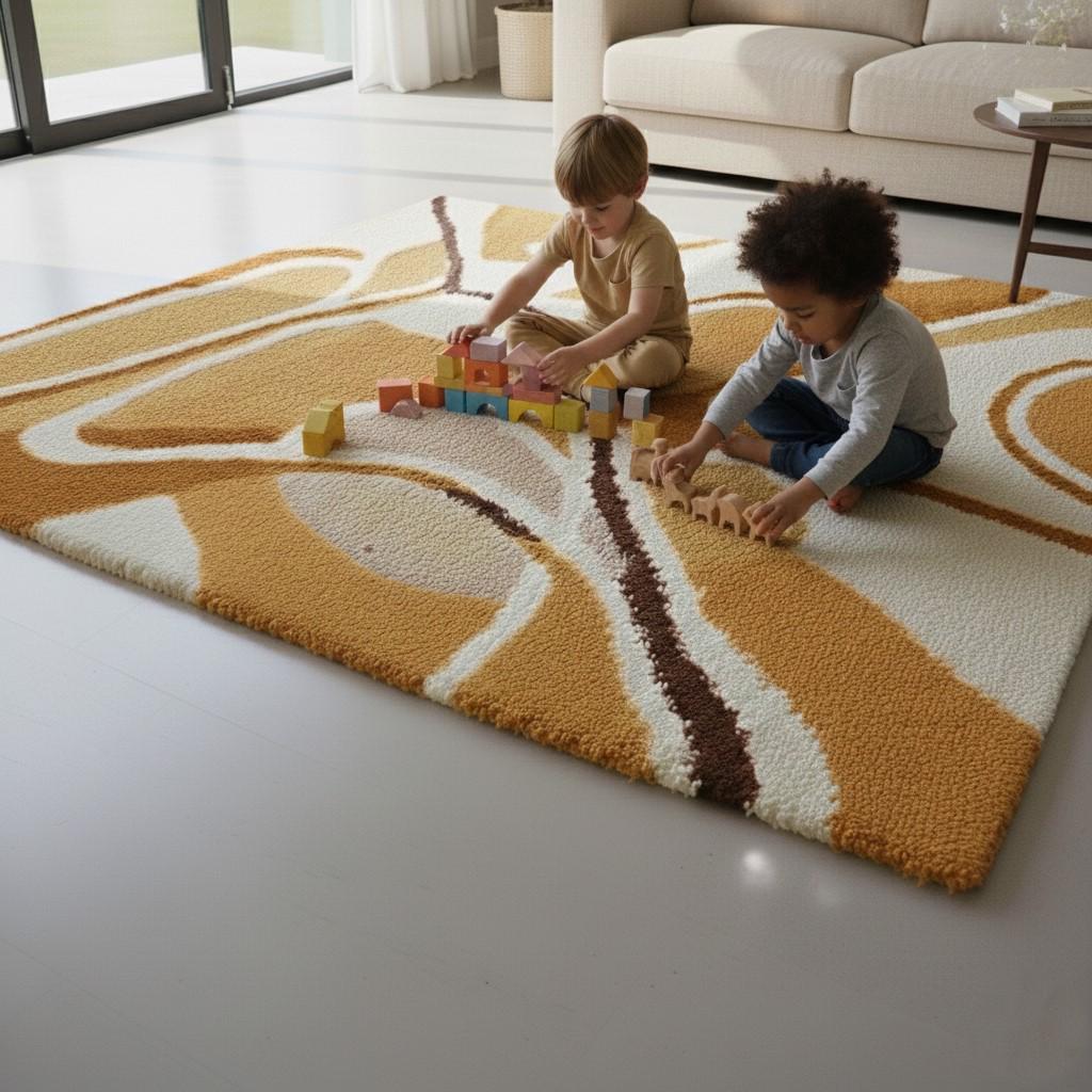 Mid Century Modern Area Rug – Terracotta Mustard Geometric, Earth Tones