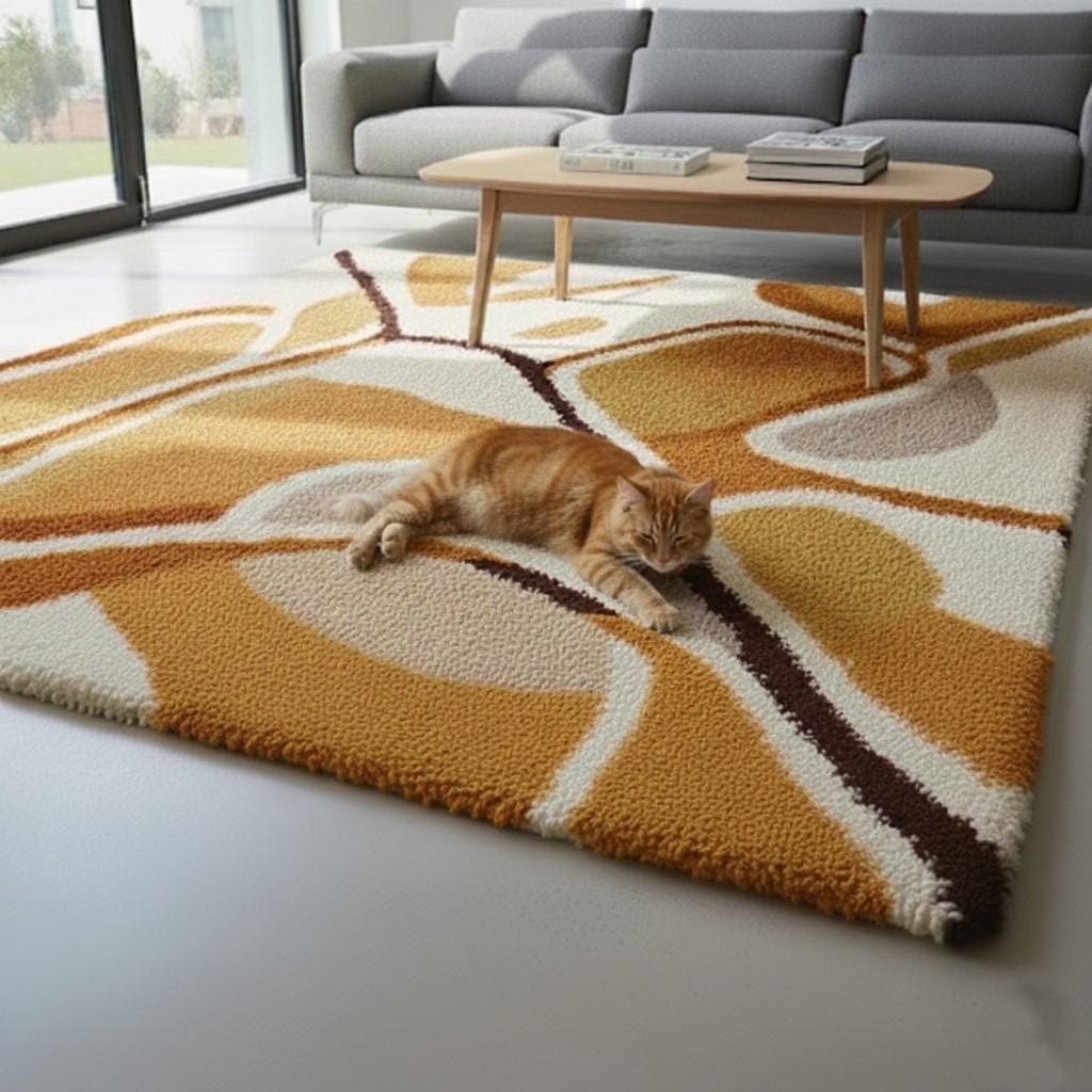 Mid Century Modern Area Rug – Terracotta Mustard Geometric, Earth Tones