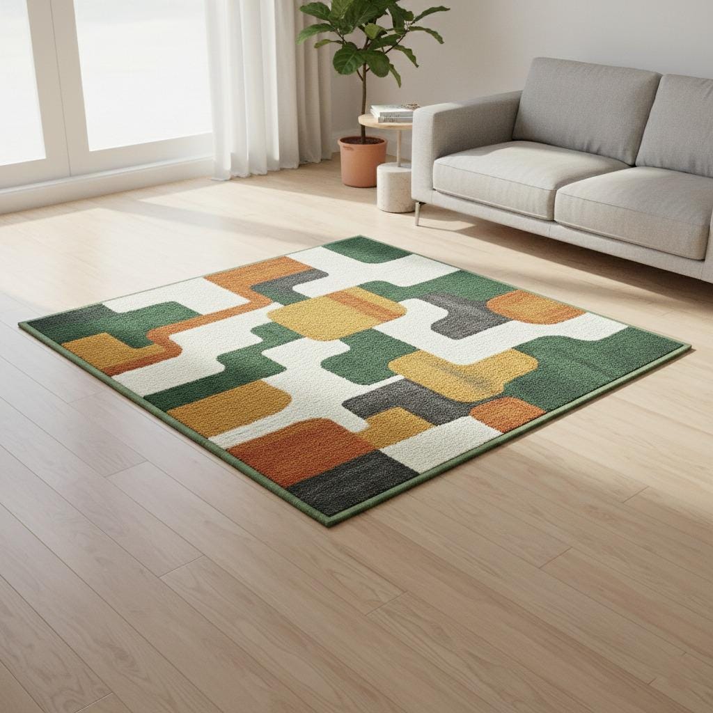 Handmade Wool Area Rug | Green Brown Geometric, Mid Century Modern